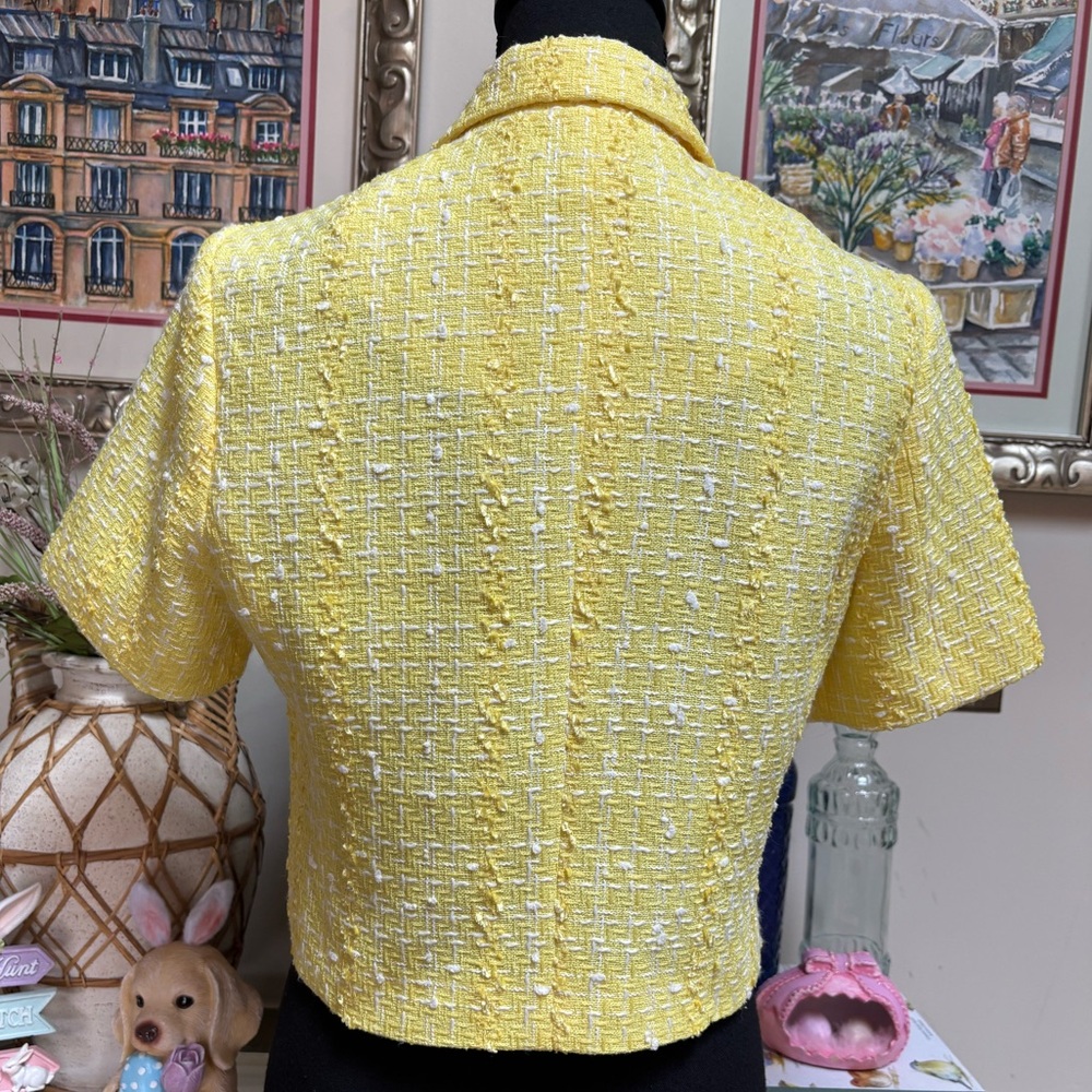 Versona Yellow Textured Tweed Cropped Double-Breasted Blazer Jacket Size M - Picture 3 of 11